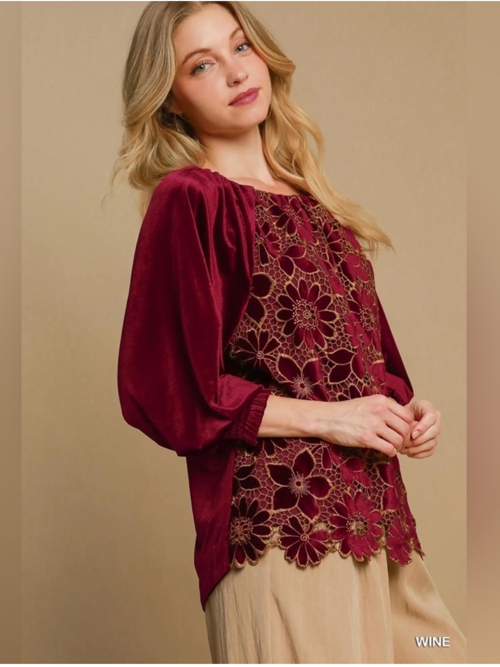 Wine Floral Lace Velvet Sleeve Women's Top